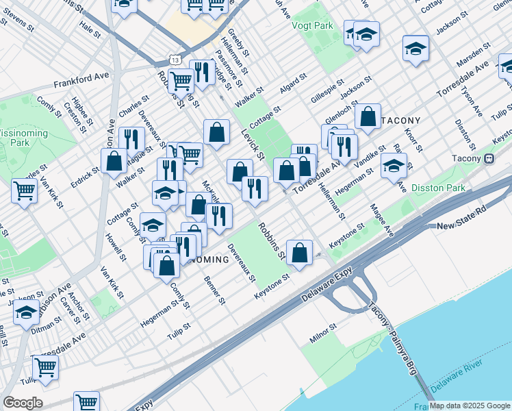 map of restaurants, bars, coffee shops, grocery stores, and more near 6309 Marsden Street in Philadelphia