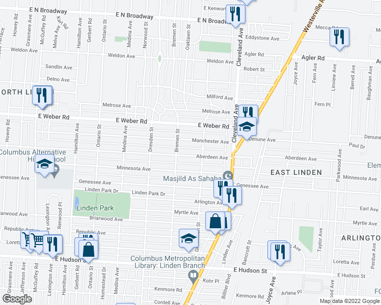 map of restaurants, bars, coffee shops, grocery stores, and more near 1598 Aberdeen Avenue in Columbus