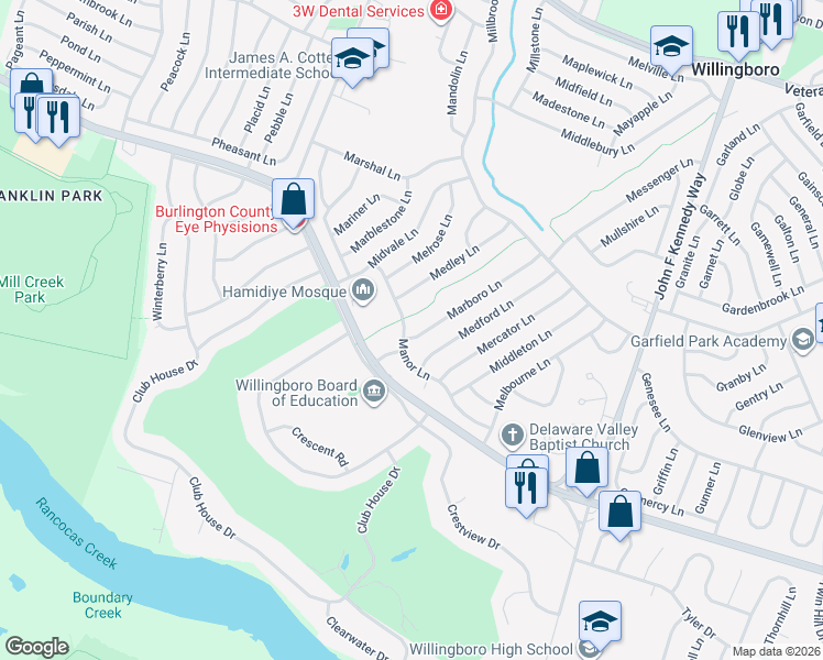 map of restaurants, bars, coffee shops, grocery stores, and more near 1 Marboro Lane in Willingboro