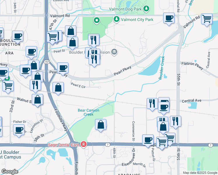 map of restaurants, bars, coffee shops, grocery stores, and more near 4949 Pearl Parkway in Boulder