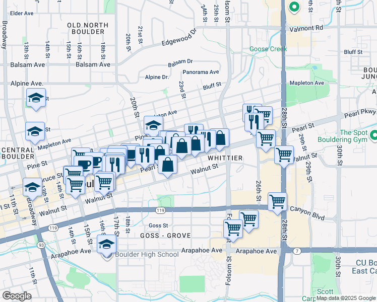 map of restaurants, bars, coffee shops, grocery stores, and more near 2220 Spruce Street in Boulder