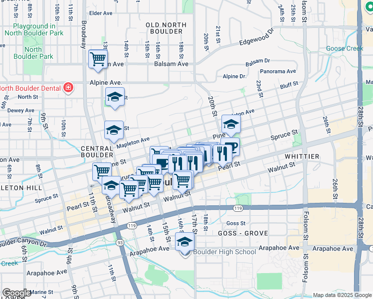 map of restaurants, bars, coffee shops, grocery stores, and more near 1746 Pine Street in Boulder