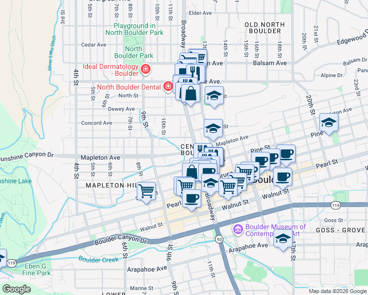 map of restaurants, bars, coffee shops, grocery stores, and more near 1134 Maxwell Avenue in Boulder