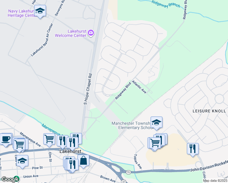 map of restaurants, bars, coffee shops, grocery stores, and more near 14 Bromley Lane in Lakehurst