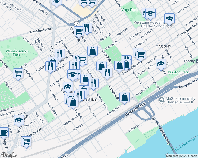 map of restaurants, bars, coffee shops, grocery stores, and more near 4538 Hale Street in Philadelphia