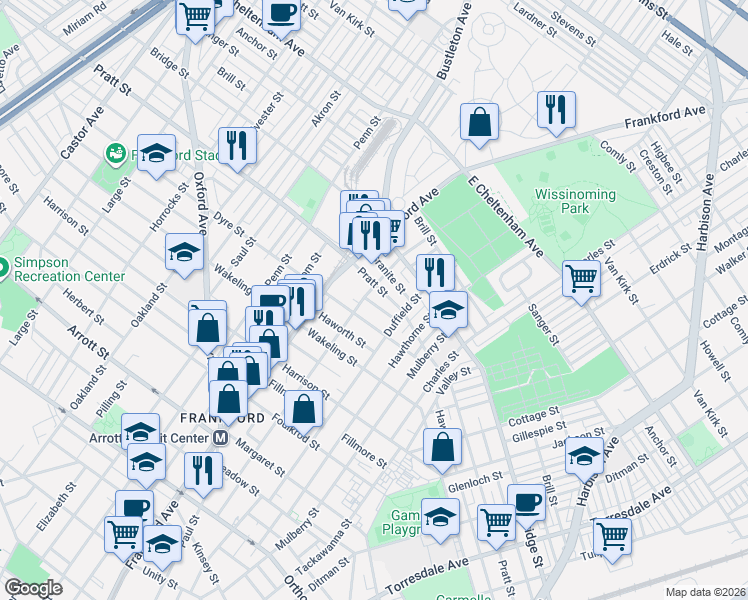 map of restaurants, bars, coffee shops, grocery stores, and more near 1645 Pratt Street in Philadelphia