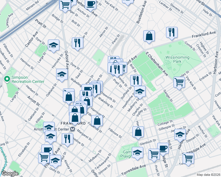 map of restaurants, bars, coffee shops, grocery stores, and more near 5114 Darrah Street in Philadelphia