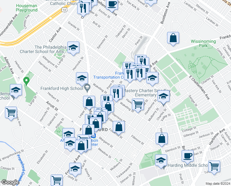 map of restaurants, bars, coffee shops, grocery stores, and more near 5022 Griscom Street in Philadelphia