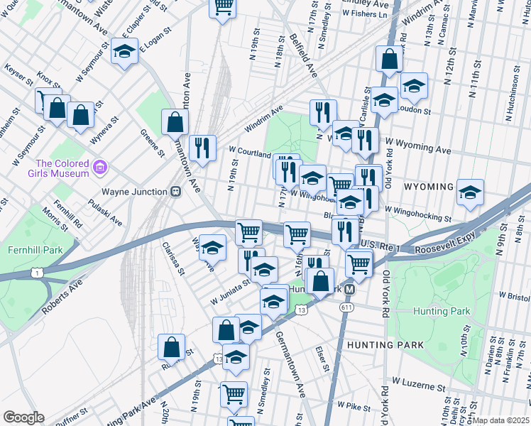map of restaurants, bars, coffee shops, grocery stores, and more near 1717 West Cayuga Street in Philadelphia