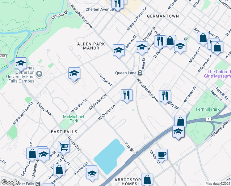 map of restaurants, bars, coffee shops, grocery stores, and more near 2823 Midvale Avenue in Philadelphia