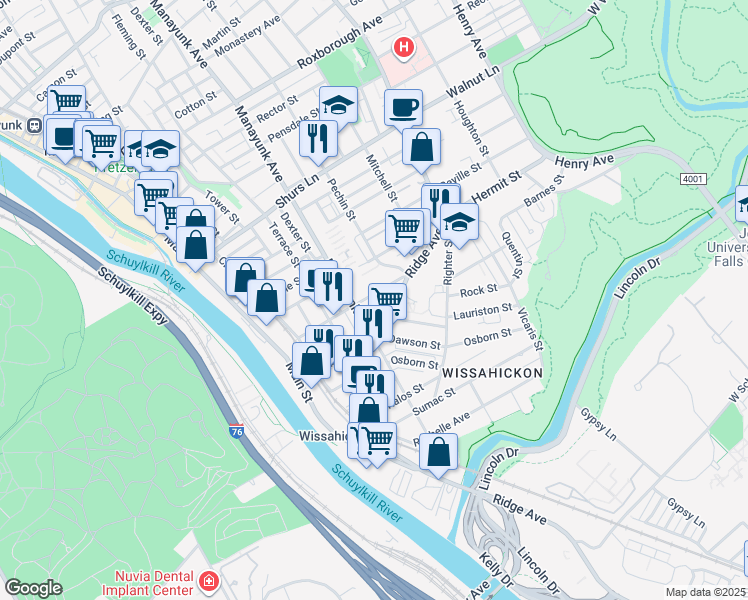 map of restaurants, bars, coffee shops, grocery stores, and more near 5318 Ridge Avenue in Philadelphia
