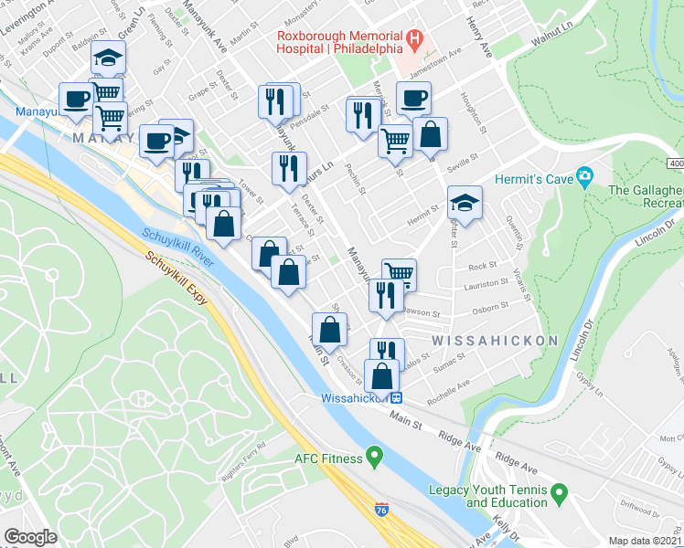 map of restaurants, bars, coffee shops, grocery stores, and more near Terrace Street in Philadelphia