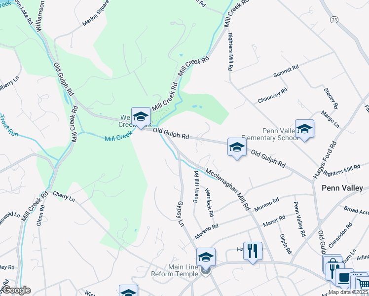 map of restaurants, bars, coffee shops, grocery stores, and more near 128 Old Gulph Road in Wynnewood