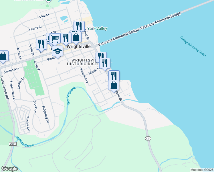 map of restaurants, bars, coffee shops, grocery stores, and more near 500 Pennsylvania 624 in Wrightsville
