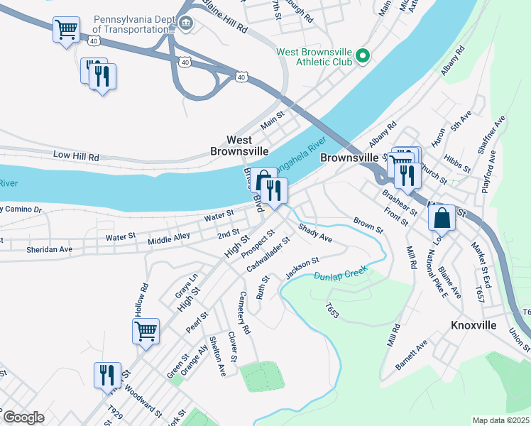 map of restaurants, bars, coffee shops, grocery stores, and more near 3 High Street in Brownsville
