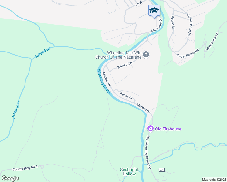 map of restaurants, bars, coffee shops, grocery stores, and more near 247 Marwin Drive in Wheeling