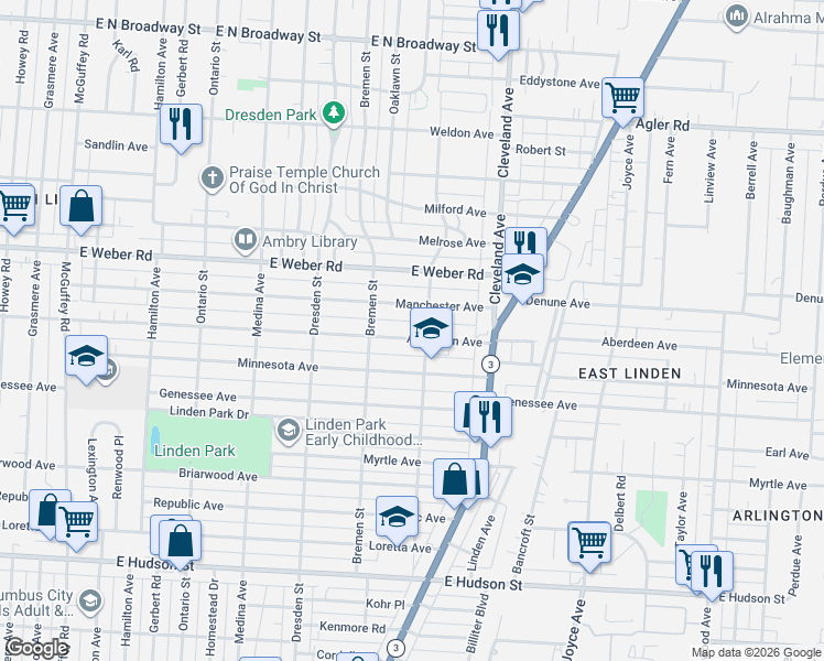 map of restaurants, bars, coffee shops, grocery stores, and more near 1619 Manchester Avenue in Columbus