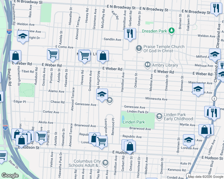 map of restaurants, bars, coffee shops, grocery stores, and more near 1174 Aberdeen Avenue in Columbus