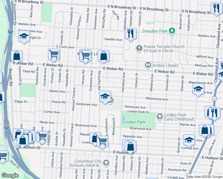 map of restaurants, bars, coffee shops, grocery stores, and more near 1174 Aberdeen Avenue in Columbus