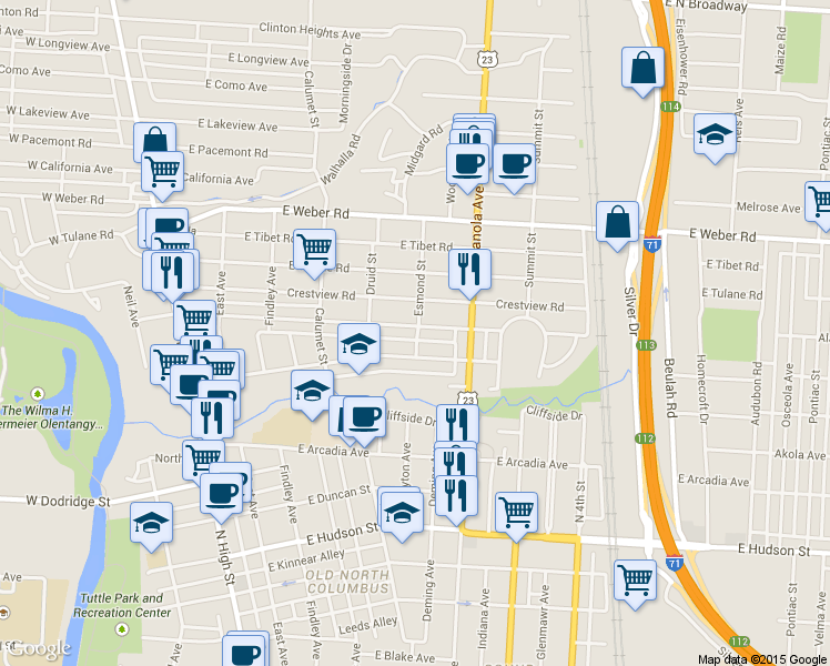 map of restaurants, bars, coffee shops, grocery stores, and more near 326 East Kelso Road in Columbus