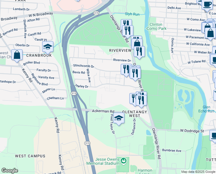 map of restaurants, bars, coffee shops, grocery stores, and more near 584 Harley Drive in Columbus