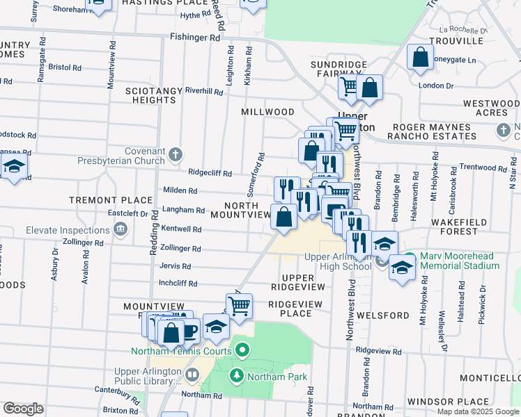 map of restaurants, bars, coffee shops, grocery stores, and more near 1847 Milden Road in Columbus