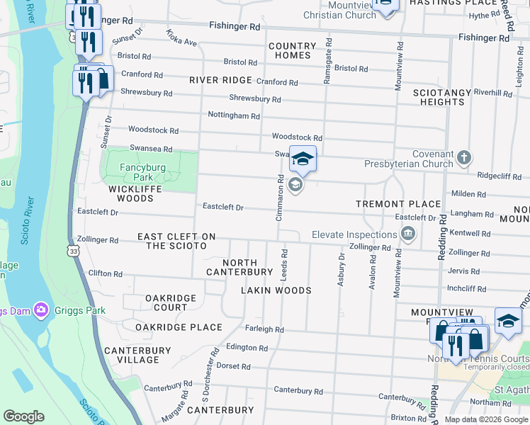 map of restaurants, bars, coffee shops, grocery stores, and more near 2510 Eastcleft Drive in Columbus
