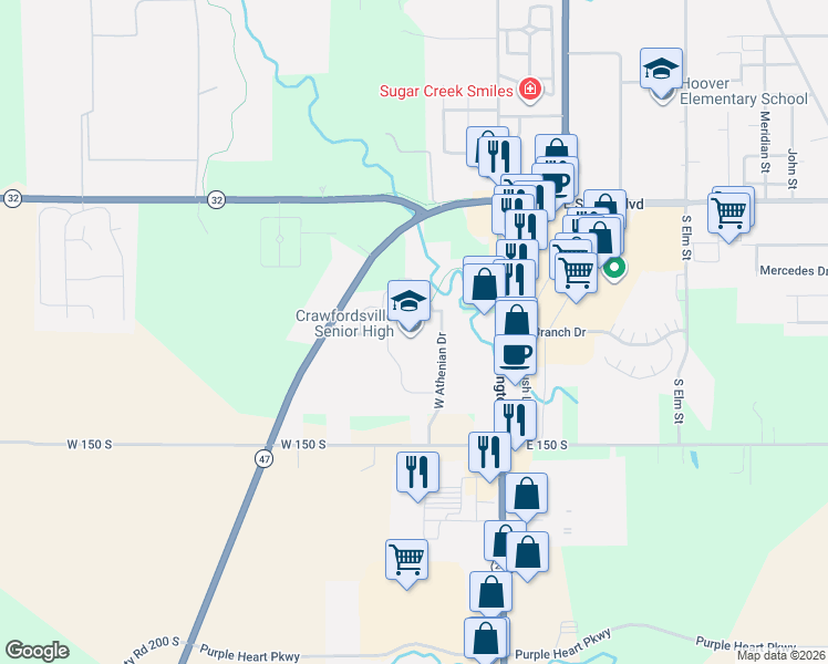 map of restaurants, bars, coffee shops, grocery stores, and more near West Athenian Drive in Crawfordsville