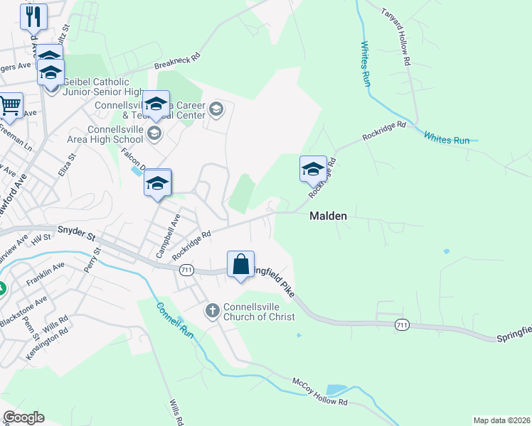 map of restaurants, bars, coffee shops, grocery stores, and more near 614 Rockridge Rd in Connellsville