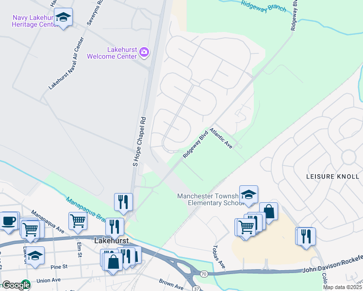 map of restaurants, bars, coffee shops, grocery stores, and more near 14 Bromley Lane in Lakehurst