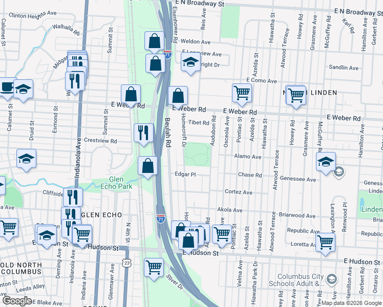 map of restaurants, bars, coffee shops, grocery stores, and more near 2770 Audubon Road in Columbus
