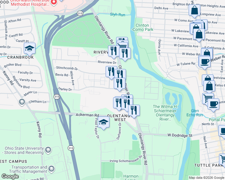 map of restaurants, bars, coffee shops, grocery stores, and more near 505 Harley Drive in Columbus