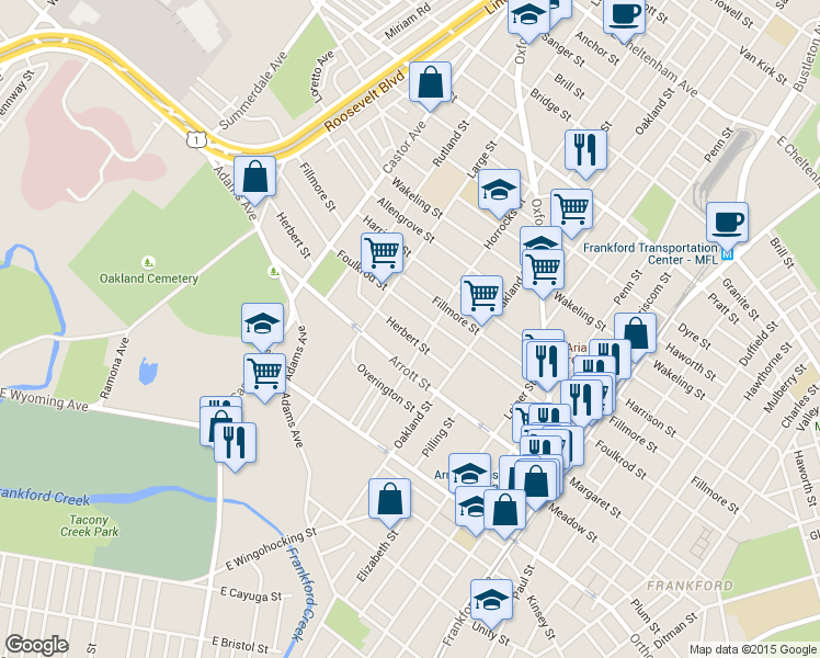 map of restaurants, bars, coffee shops, grocery stores, and more near 1145 Herbert Street in Philadelphia
