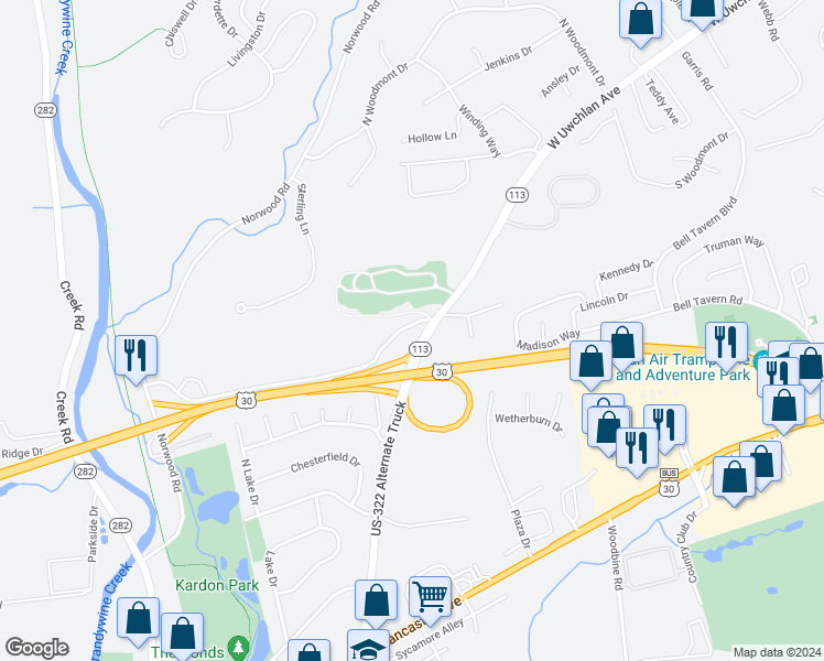 map of restaurants, bars, coffee shops, grocery stores, and more near 37 Norwood House Road in Downingtown