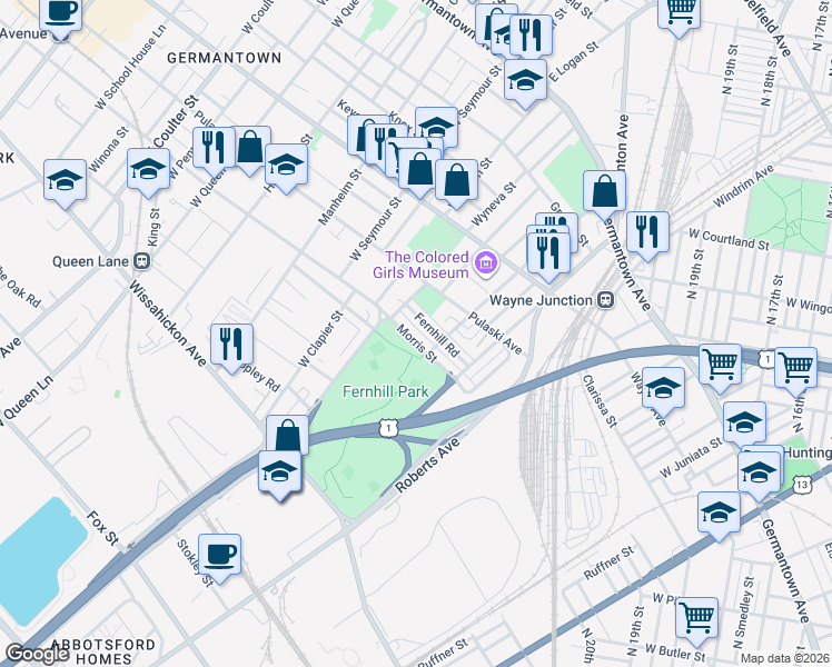 map of restaurants, bars, coffee shops, grocery stores, and more near 4627 Fernhill Road in Philadelphia
