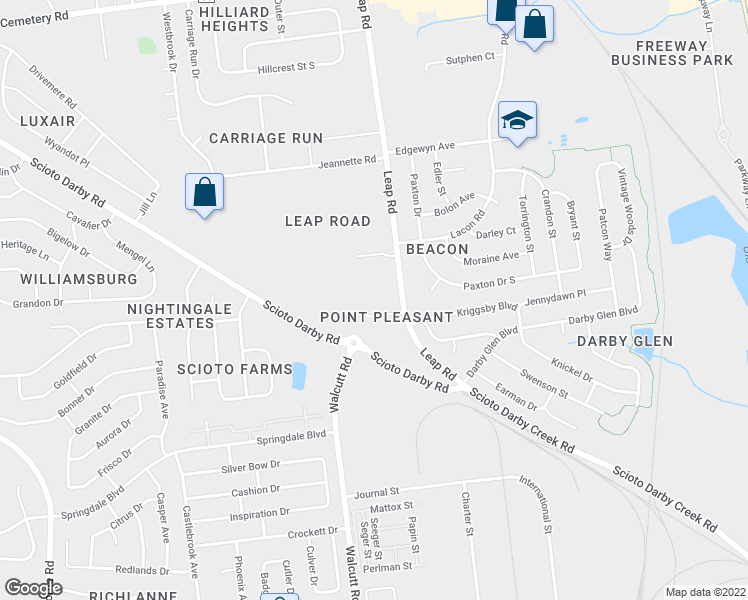map of restaurants, bars, coffee shops, grocery stores, and more near 3363 Leap Road in Hilliard
