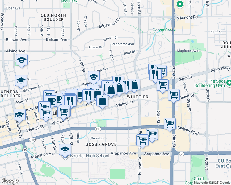 map of restaurants, bars, coffee shops, grocery stores, and more near 2220 Spruce Street in Boulder