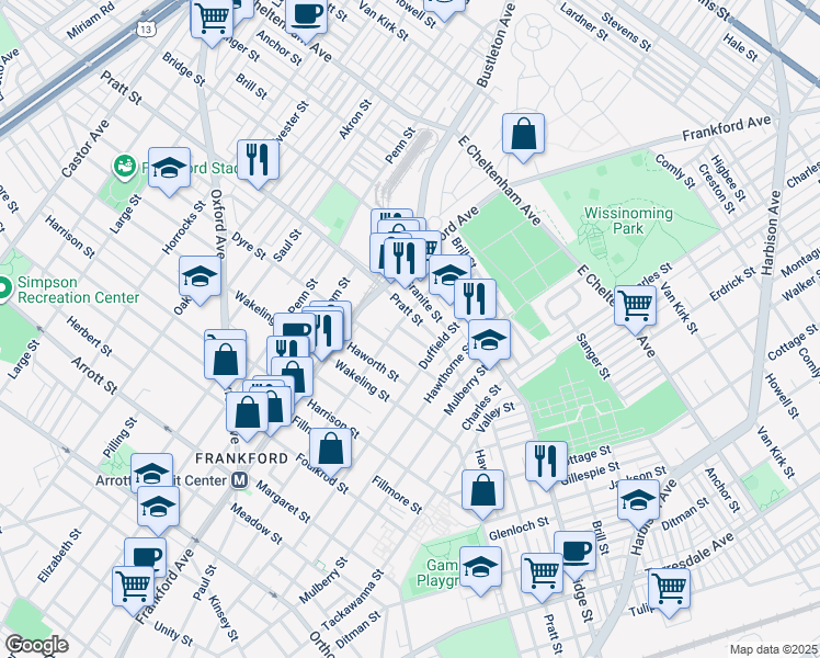 map of restaurants, bars, coffee shops, grocery stores, and more near 1651 Conklin Street in Philadelphia