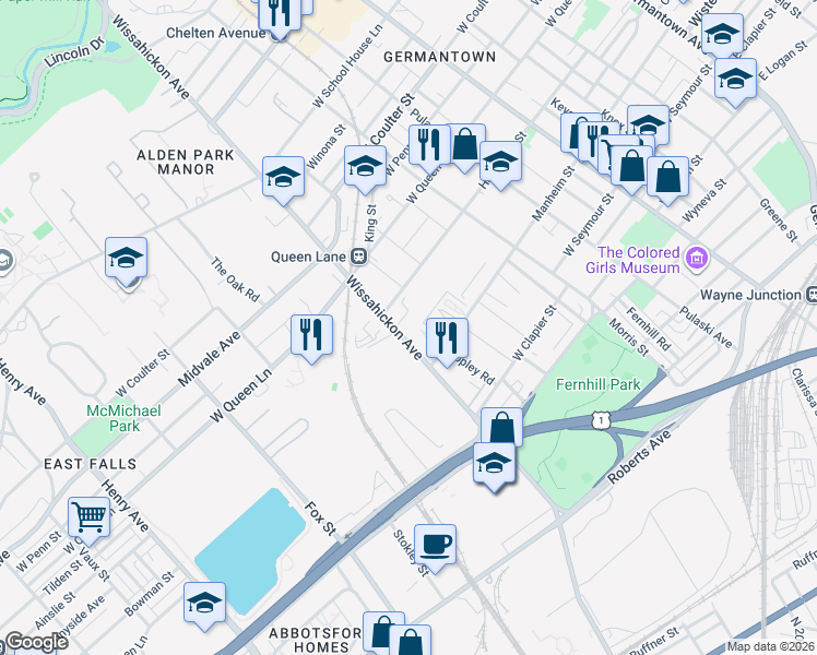 map of restaurants, bars, coffee shops, grocery stores, and more near 5115 Wissahickon Avenue in Philadelphia