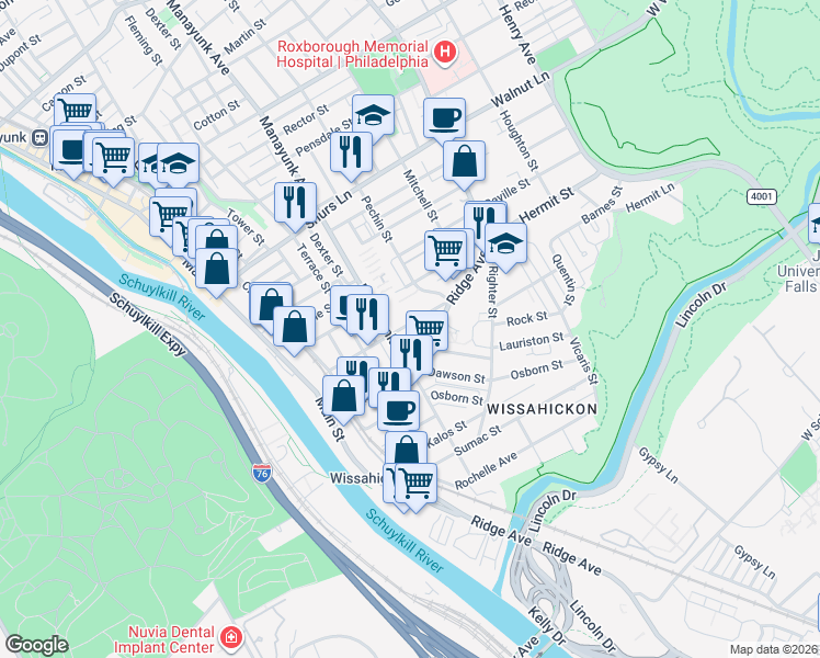 map of restaurants, bars, coffee shops, grocery stores, and more near 3869 Manayunk Avenue in Philadelphia