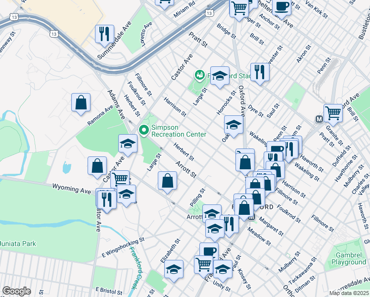 map of restaurants, bars, coffee shops, grocery stores, and more near 1145 Herbert Street in Philadelphia