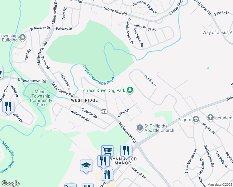 map of restaurants, bars, coffee shops, grocery stores, and more near 30 Chamberlain Lane in Millersville