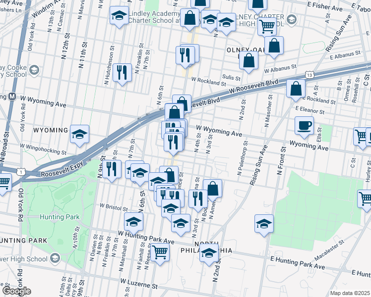 map of restaurants, bars, coffee shops, grocery stores, and more near 429 West Courtland Street in Philadelphia
