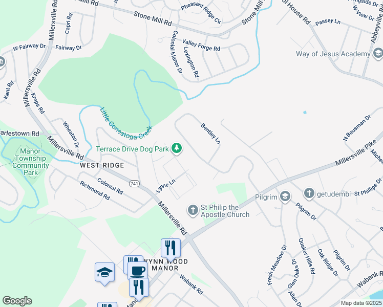 map of restaurants, bars, coffee shops, grocery stores, and more near 104 Bentley Lane in Lancaster