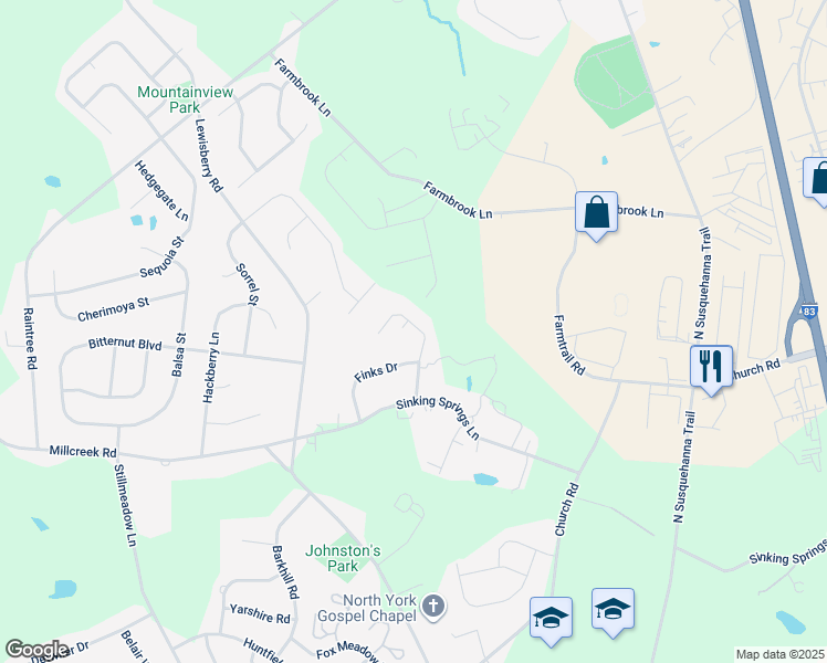 map of restaurants, bars, coffee shops, grocery stores, and more near 3160 Lehr Drive in York