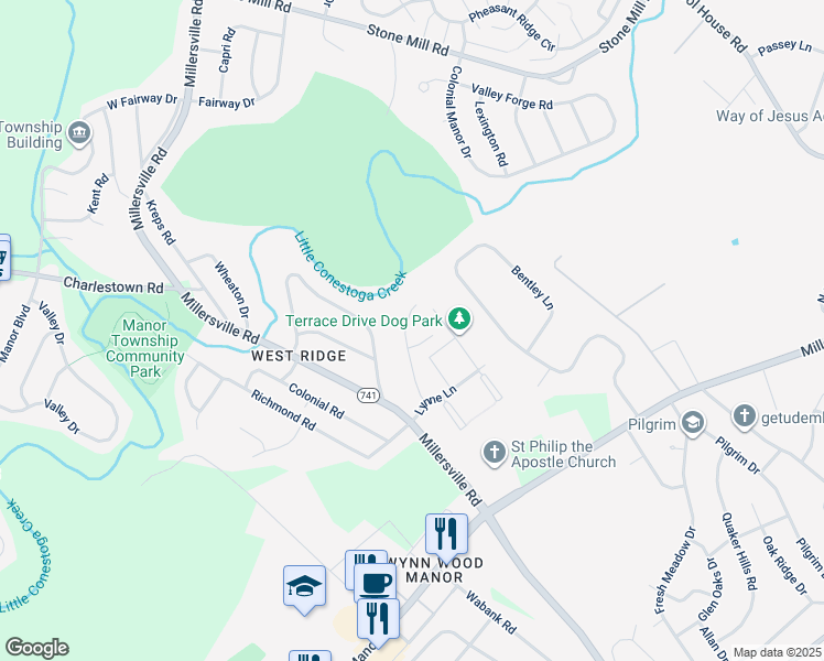 map of restaurants, bars, coffee shops, grocery stores, and more near 30 Chamberlain Lane in Millersville