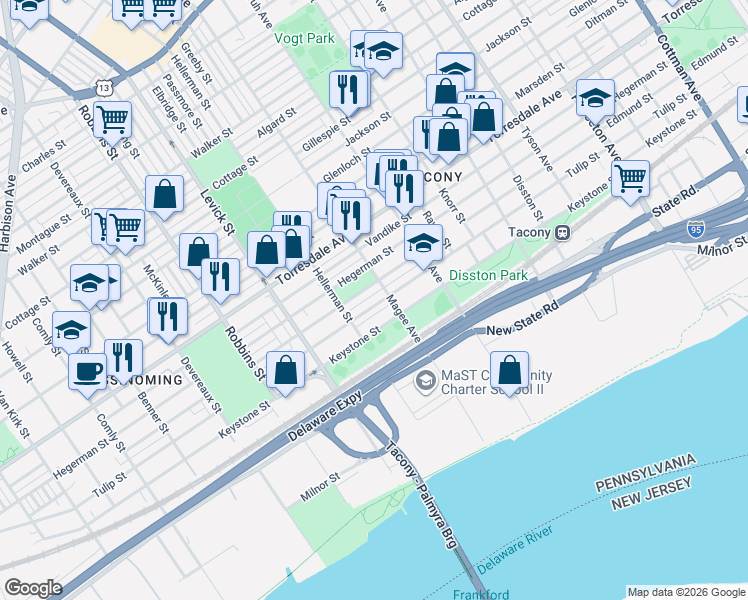 map of restaurants, bars, coffee shops, grocery stores, and more near 6533 Edmund Street in Philadelphia