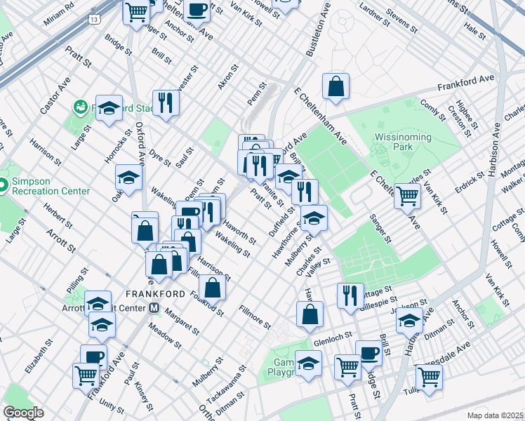 map of restaurants, bars, coffee shops, grocery stores, and more near 1651 Conklin Street in Philadelphia