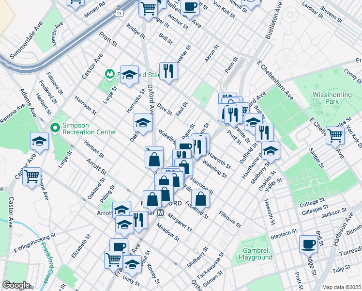 map of restaurants, bars, coffee shops, grocery stores, and more near 5003 Penn Street in Philadelphia