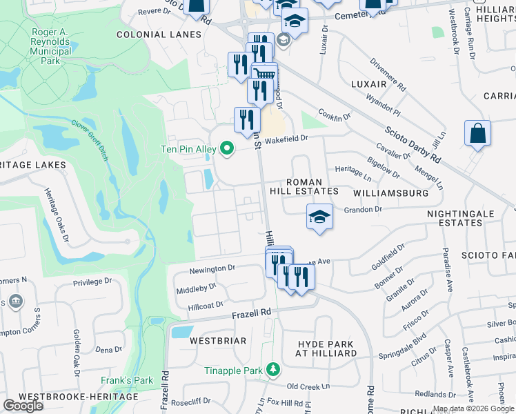 map of restaurants, bars, coffee shops, grocery stores, and more near 3418 Main Street in Hilliard